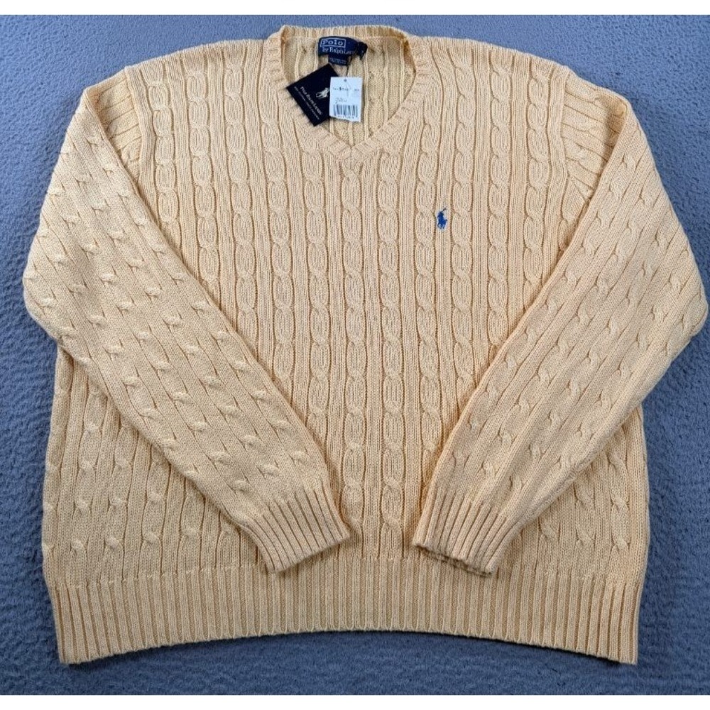Polo Ralph Lauren Cable Knit Sweater Men XL Yellow Cotton V-Neck Preppy NWT